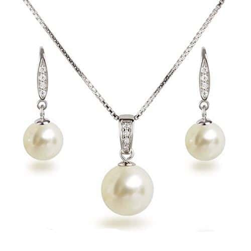 Damen Schmuckset mit Perlen, Kette und Ohrhänger besetzt mit Zirkonia, 925 Silber Rhodium