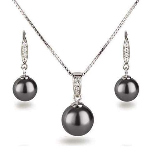 Damen Schmuckset mit Perlen, Kette und Ohrhänger besetzt mit Zirkonia, 925 Silber Rhodium