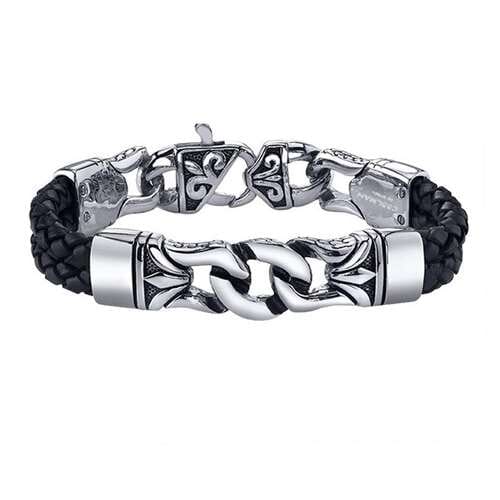 Herren Leder Armband mit schwarzem & silbernem Design aus Edelstahl